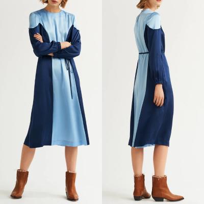 China Anti-Static High Quality Casual Women Long Sleeve Contrast Color Satin Midi Dress for sale