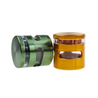 China Shop Supplies Aluminum Alloy 55MM 4 Parts Herb Grinder Transparent Window Smoke Weed Herb Grinder for sale