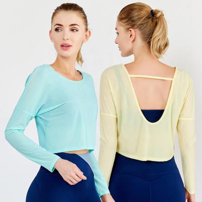 China 2021 Custom Fashion Breathable Sporty Backless Loose Workout Sweatshirt Long Sleeve Yoga Tops Activewear for sale