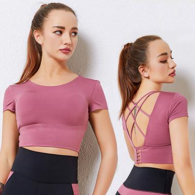 China Custom Logo Spandex Fitness Sport Bra Breathable With Mesh Cross Back Natural Color Shorts Sleeve Yoga Comfy Tank Tops for sale