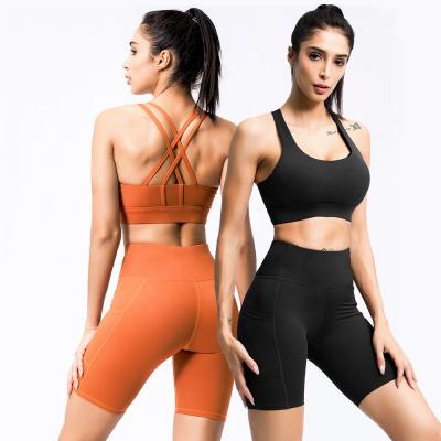 China Custom Logo Fitness Clothing Manufacturer Nude 2021 Buttery Soft Two Piece Breathable Women Biker Shorts Summer Yoga Ribbed Set for sale