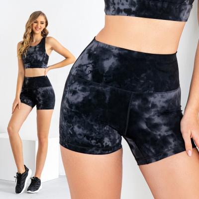 China Breathable Black Ultra Soft Waist Control Summer Yoga Shorts Pants Tie Dye Women Cycling Top Tummy Shorts Spandex for sale