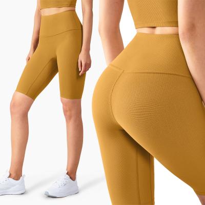 China Breathable Custom Workout Women's Rib Yoga Shorts No Front Stitching Comfortable Fitness Short Pants Custom Ribbed Biker Shorts for sale