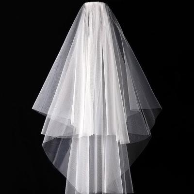 China Lace Double Edge Formal Simple Korean White Tulle Lace Bridal Veils 2 Layers for sale