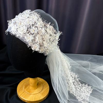 China Cut Edge Decoration Flower Cotton Garland Hat Yarn Romantic Fairy Party White Bridal Veil for sale