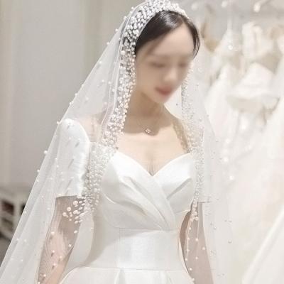 China Pearl Edge Bridal Veil Cape Lace Wedding Veil For Bride Heel Bridal Veil for sale