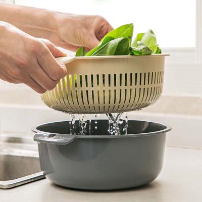 China Viable Non Slip Double Layer PP Kitchen Fruit Vegetable Wash Bowl Plastic Drain Basket With Handle for sale