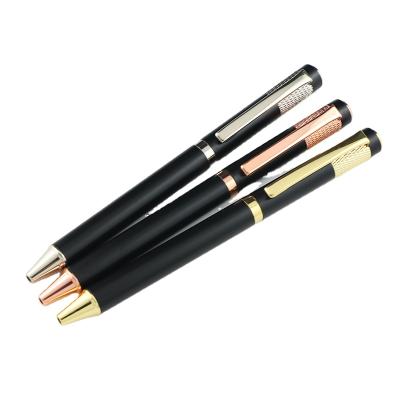 China Office & Luxury School Pen Custom Logo Business Plating Gun Black Metal Ballpoint Pen With Rose Gold Trims for sale