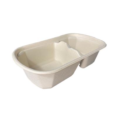 China Eco Friendly Disposable Bagasse Food Container 850ml 2 Compartment Oval Shape Bagasse Day Shape Compostable Biodegradable Minus 90 With Greaseproof PET Lid for sale