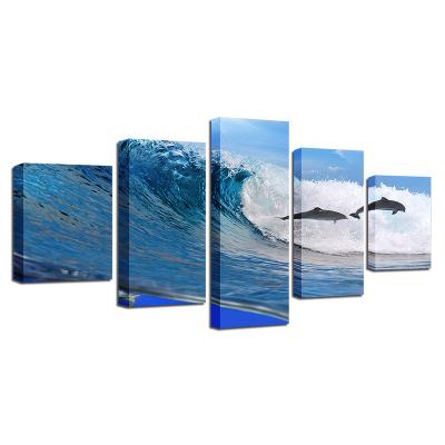 China Hot Selling Modern Popular Online Modern Fish Oil Painting 5 Panel Ocean Canvas Wall Art for sale