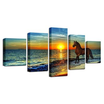 China Customized Modern Horse Painting amazon5 Panel Canvas Modern Animal Pictures Wall Art for sale