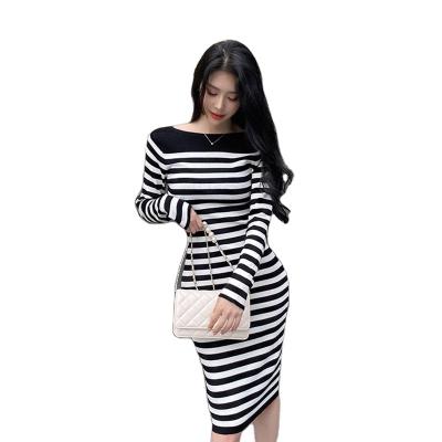 China 2022 Korean Anti-wrinkle mid length one-collar striped knit bottom long sleeve dress thin butt pullover for sale