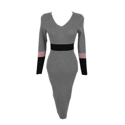 China 2022 new Anti-wrinkle V-neck slim fit wrap color mid length matching bottom knit dress for sale