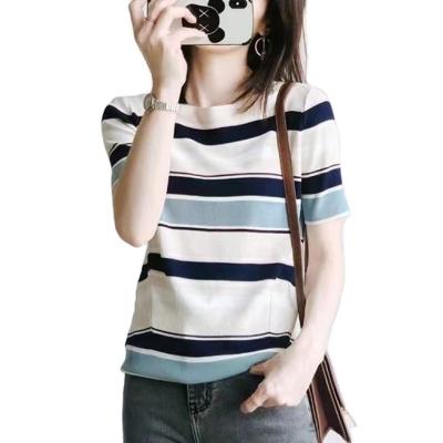 China Anti-wrinkle 2021 new summer one-collar ice stripe knit shirt lightly short sleeve t-shirt for sale