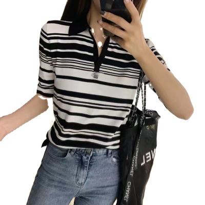 China Anti-wrinkle 2022 summer border women knit ice silk short sleeve lapel head stripe T-shirt for sale