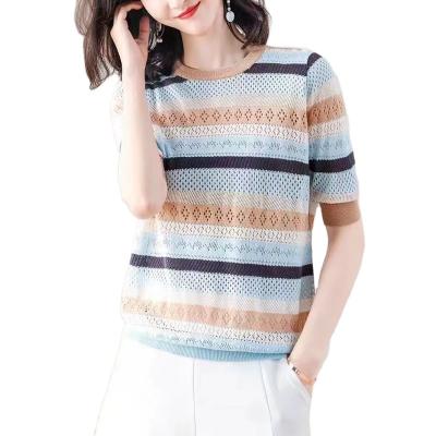 China New 2022 Ice Color Anti-Wrinkle Stripe Knitted Women's Short Sleeve Loose Casual Tops Half Sleeve T-shirt for sale