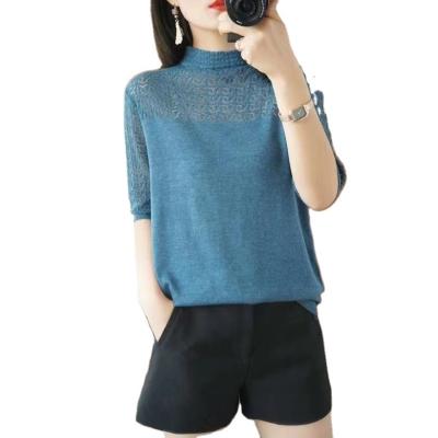 China Anti-wrinkle 2022 new knit sweater short-sleeve T-shirt women's hollow-out high collar half half sleeve loose for sale