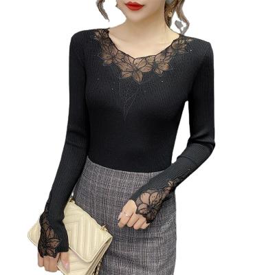 China Anti-wrinkle 2022 new autumn/winter thin low-collar lace ironed diamond stretch bottom knit sweater for women for sale