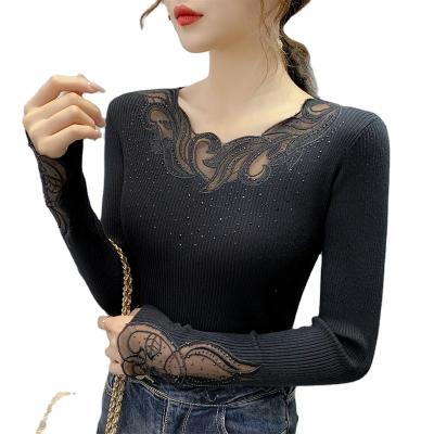 China 2022 Autumn/Winter Women's Fall Style Anti-wrinkle Slim Knit Hollow Lace Long Sleeve Sweater Bottom Sweater for sale