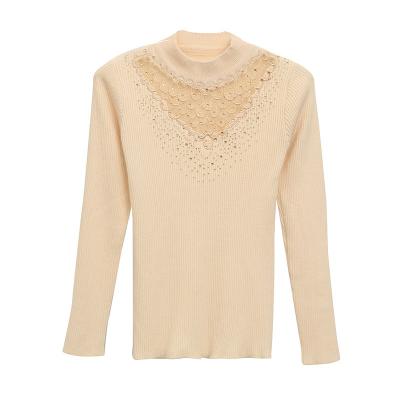 China 2022 Women's Anti-Wrinkle Long Sleeve Collar Half Length Thin Mesh Bottom Lace Stitching Hollow Top Sweater For Autumn And Winter for sale