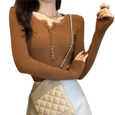 China Anti-wrinkle New Products 2022 Winter Slim Button V-Neck Pullover Sweater Basic Women for sale