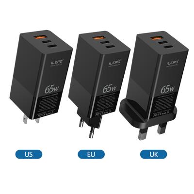 China Mobile Phone QC 3.0 Palladium 3.0 PD 3.0 Quick Charger USB C 65W GaN Charger Wall Charger 3 Left Charging for sale