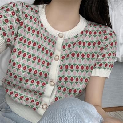 China new design Anti-wrinkle flower jacquard short sleeve crop knitwear cardigan cardigan for women for sale