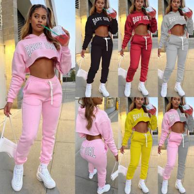 China New Stylish Casual Wear Manufacturer Long Pants Crop Plain Color Cropped Hoodie Set For Women for sale