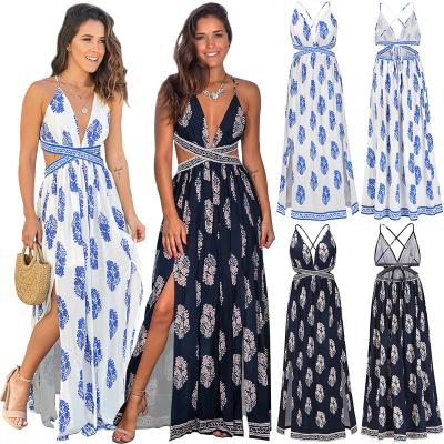 China Jiaer-Women's Sexy Bohemian Long Floral Print Deep V-Neckline Strappy Maxi Slit Backless Beach Dress Anti-wrinkle for sale