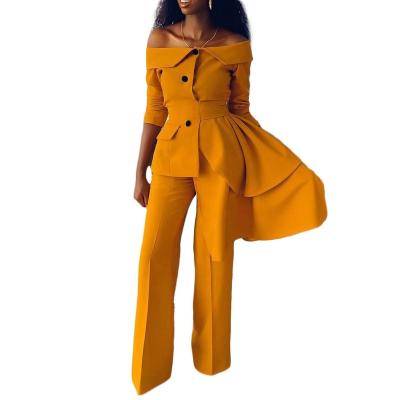 China Jiaer-Women Office Lady Suits Off Shoulder Elegant Solid Button Down Edge Asymmetric Blazer And Pants Loose 2 Piece Suits for sale