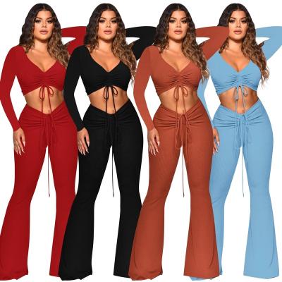 China Jiaer Bodycon QUICK DRY Drawstring Ruched V-Neckline Two Piece Outfits-Women Long Sleeve Crop Top Deep Rocket Long Pants for sale