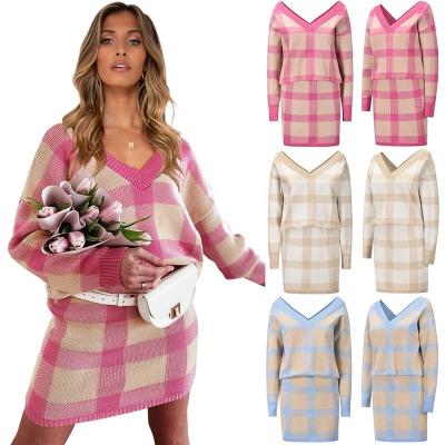 China Jiaer-Women's Waterproof Two-Piece Women's Autumn Winter Pullover Plaid Long Sleeve V-Neck Sweater Set and Bodycon Skirted Skirt Set for sale