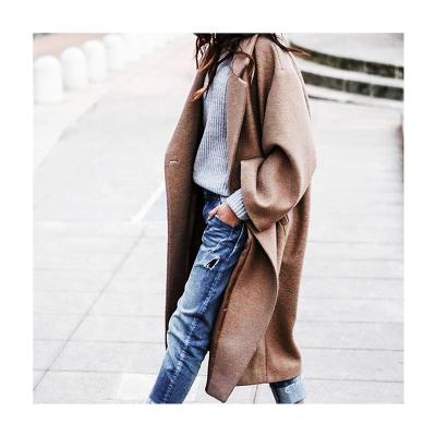 China Jiaer-Women Solid Color Elegant Anti-wrinkle Mid Length Notched Lapel Wool Double Breasted Warm Winter Long Coats for sale