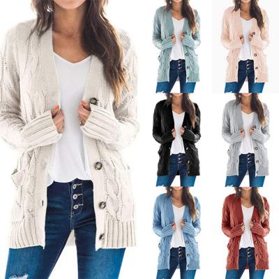 China Jiaer-Women Anti-wrinkle Long Sleeve Solid Color Front Buttons Cable Knit Casual Pocket Sweater Open Cardigan for sale