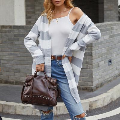 China Jiaer-Women Anti-wrinkle Long Sleeve Casual Open Front Long Knit Block Striped Cardigan Sweater Outwear Coat for sale