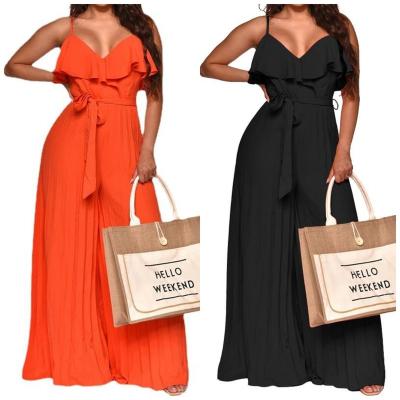 China Jiaer- Solid Color Women Breathable Sleeveless Sexy Sleeveless Rompers Wide Leg V Neck Spaghetti Strap Overalls With Belt for sale