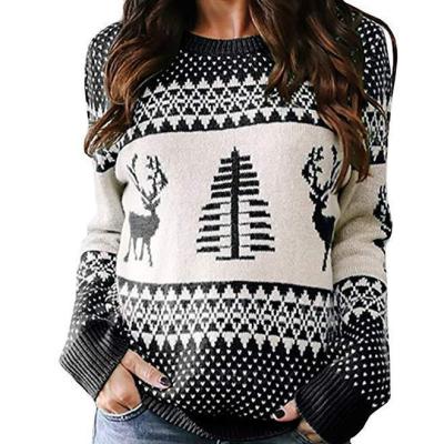 China Anti-wrinkle Accept Factory Custom Wholesale Knitted Printed Jacquard Sweater Lady Christmas Leisure Round Neck Sweater for sale