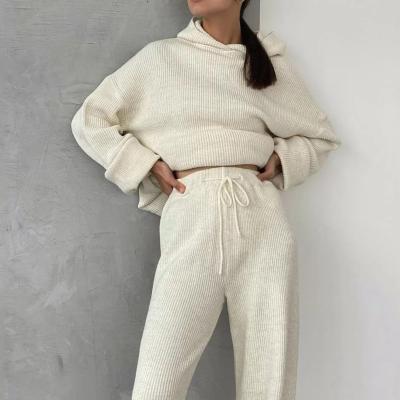 China Anti-wrinkle Autumn Wholesale Ladies Casual Comfortable Knit Sweatsuit 2 Piece Short Set Hoodie Knitted Women Pullover Sweater for sale