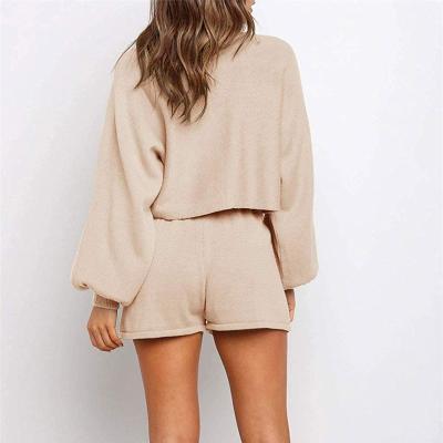 China Wholesale Casual Anti-wrinkle Ladies Knit Sweatsuit 2 Piece Sweater Shorts Set Fashion Solid Color Knitted Women Pullover Sweater for sale