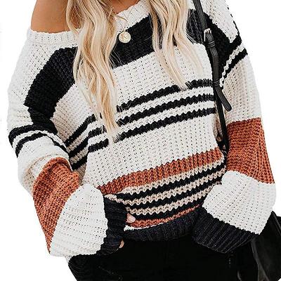 China Custom Wholesale Women's Anti-Wrinkle Polyester Stripe Knit Sweater Long Sleeves Loose Ladies Knit O-Neck Sweater for sale