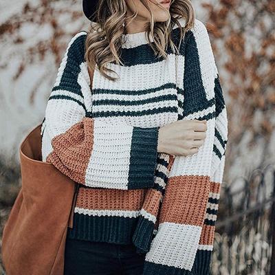 China OEM Autumn And Winter Style Women's Clothing Knitted Striped Ladies Anti-wrinkle Round Neck Pullover Casual Sweater for sale