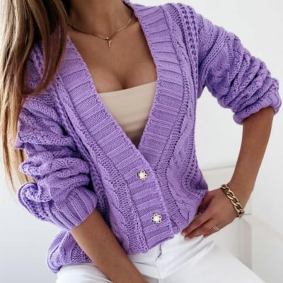 China Anti-wrinkle factory girl cotton v-neck button twist custom casual new women knit cardigan for sale