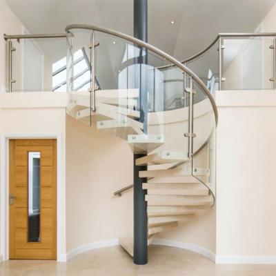 China Modern stainless steel interior curved stairs /punched hole metal glass wood railing / laminated glass-glass stairs for sale