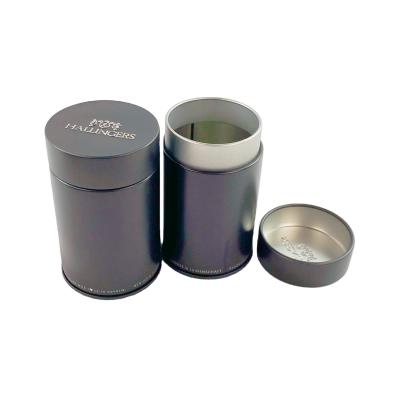 China Recycled Materials Gift Promotion Black Tea Tin Box Cylinder Tea Tin Round Metal Case for sale