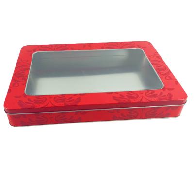 China Recycled Materials Rectangle Tin Case With Window Rounded Corner Large Metal Tin Biscuit Box Lid for sale