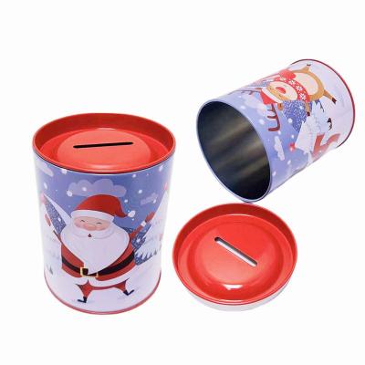 China Gift & Wholesale Custom Money Tin For Child Christmas Coin Bank Tin Can Cylindrical Shape Tin Craft Piggy Bank for sale