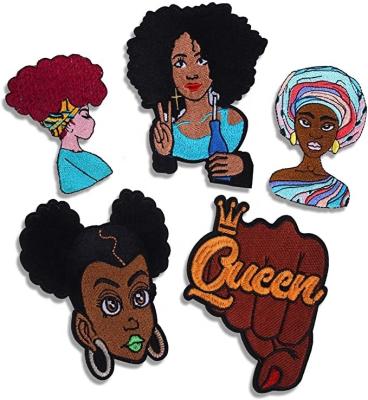 China Handmade Afro Girl Patch Embroidered Iron-on Applique for Backpacks Jeans Jackets T-Shirts Clothing for sale