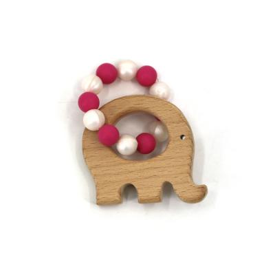 China Safety and Chewable Teether Elephant Beech Wood Beads Food Grade Silicone Teether Baby Toys Gifts Wood and Silicone Teether for sale