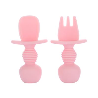 China Cute Baby Design BPA Free Easy Handle Silicone Feeding Trainning Fork And Spoon for sale