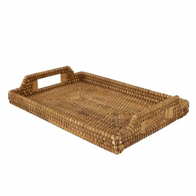 China Sustainable Wholesale Handwoven Rectangular Rattan Food Storage Tray With Sturdy Wooden Handles for sale